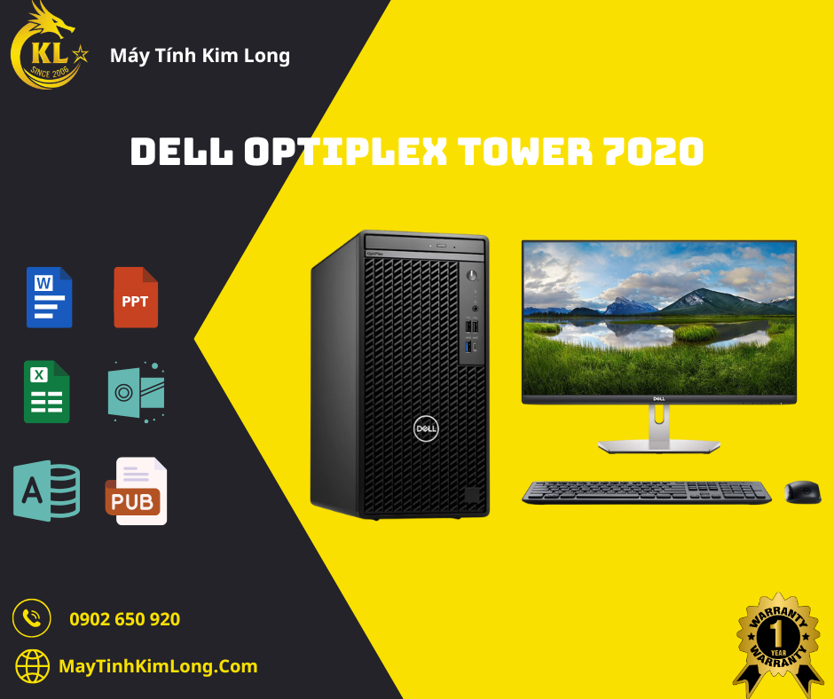 Máy tính bàn Dell OptiPlex Tower (7020) i5-14500,8 GB DDR5,SSD 512GB/PSU 180W,Wi-Fi + Bluetooth,Keyboard and Mouse, Windows 11 Home,2Y Pro_42OT702002